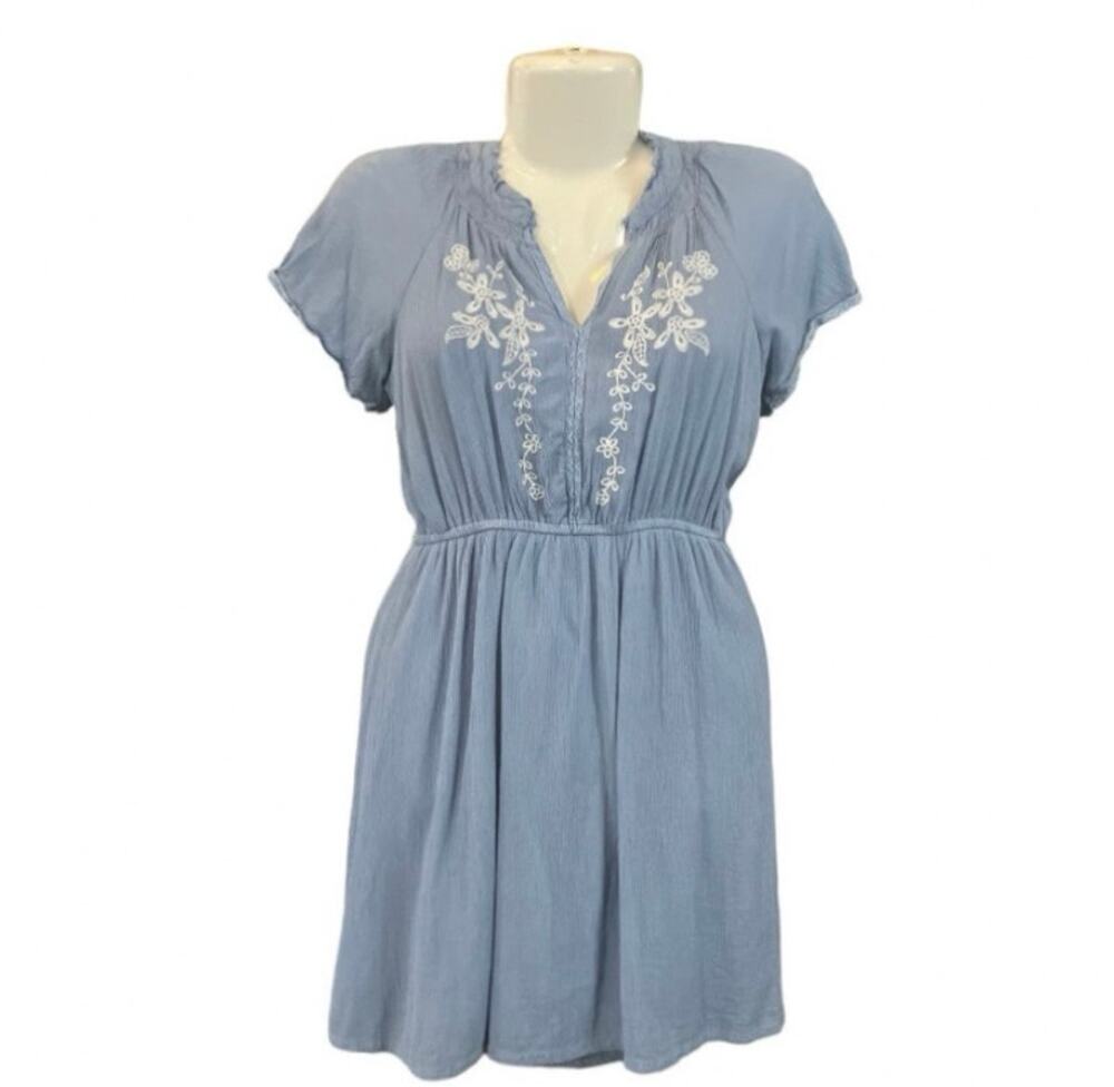 Japna Women's Blue Casual Boho Short Sleeve Embroidered Mini Dress | Size M